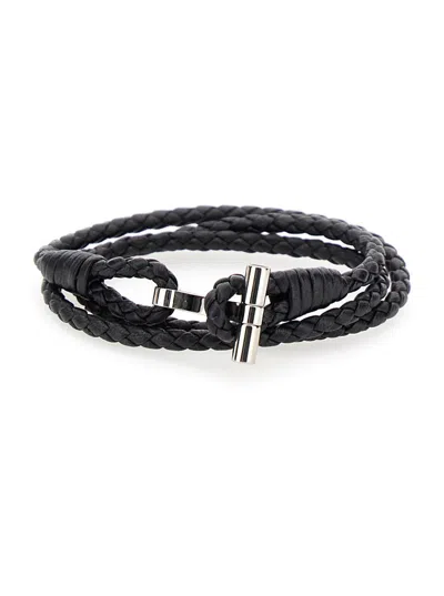 Tom Ford Black Bracelet With T Detail In Braided Leather Man