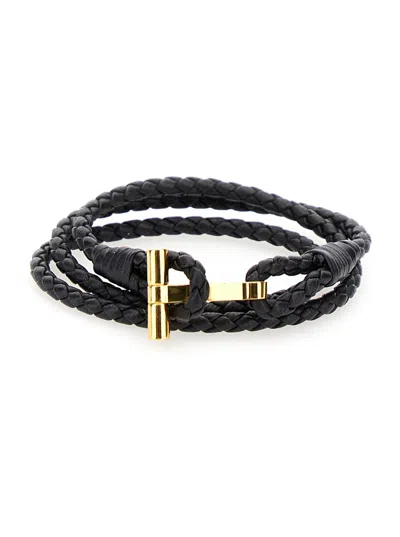 Tom Ford Leather T-plate Woven Bracelet With Braided Pattern In Brown