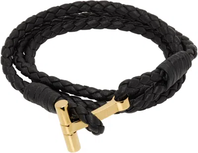 Tom Ford Black Braided T Leather Bracelet
