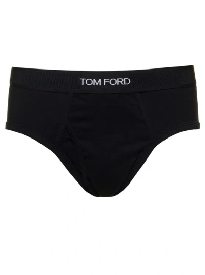 TOM FORD BLACK BRIEFS WITH LOGGED WAISTBAND IN COTTON STRETCH