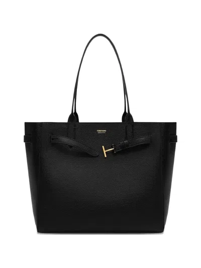 Tom Ford Black Calf Leather Medium Tote Bag In Brown