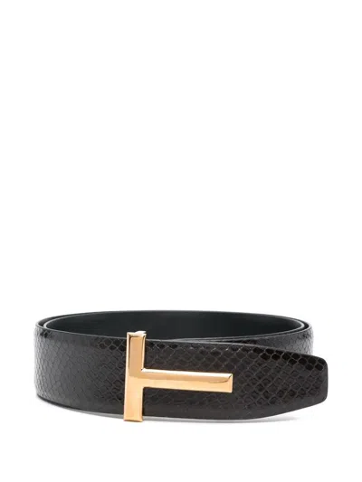 Tom Ford Black Calfskin Leather Belt With Gold T Buckle