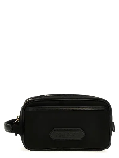 TOM FORD TOM FORD BLACK CANVAS AND LEATHER POUCH BAG