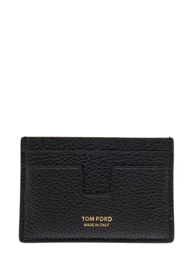 TOM FORD BLACK CARD HOLDER WITH LOGO LETTERING EMBOSSED ON THE FRONT IN GRAINED LEATHER FOR MEN