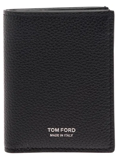 Tom Ford Black Card-wallet With Embossed Logo In Hammered Leather Man