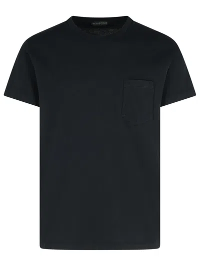 Tom Ford Cotton Crew Neck T-shirt With Chest Pocket In Blue