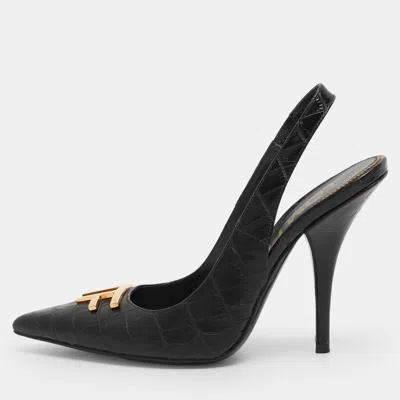 Pre-owned Tom Ford Black Croc Embossed Leather Slingback Pumps Size 37