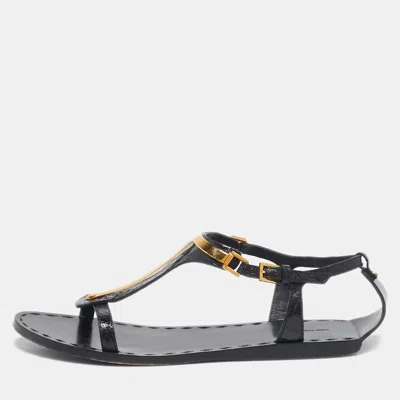 Pre-owned Tom Ford Black Croc Embossed Leather T-strap Flat Sandals Size 37