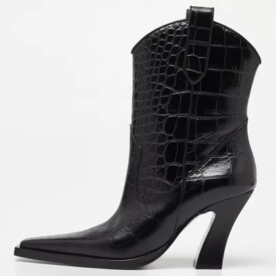Pre-owned Tom Ford Black Croc Embossed Leather Western Ankle Boots Size 36