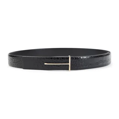 TOM FORD WOMEN BLACK TEXTURED SIGNATURE BUCKLE BELT, 28 LUXURY BELTS FOR WOMEN DARVEYS