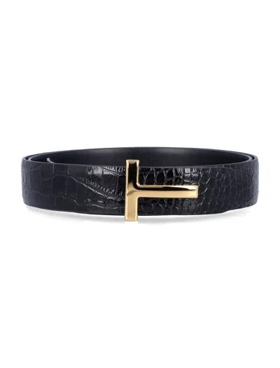 Tom Ford Black Crocodile Effect Leather Belt With T Buckle