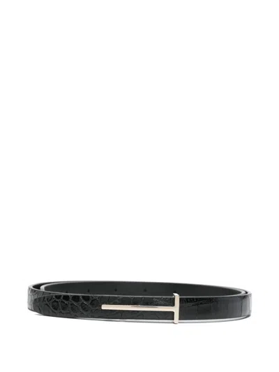 TOM FORD TOM FORD BLACK CROCODILE EFFECT LEATHER BELT WITH T BUCKLE