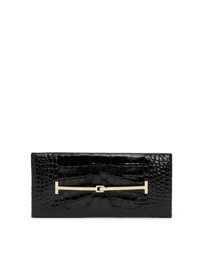 Tom Ford Black Crocodile-print Leather T-strap Clutch In Black Nero   #000000