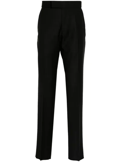 Tom Ford Straight-leg Pleated Satin-trimmed Grain De Poudre Wool And Mohair-blend Tuxedo Trousers In Black