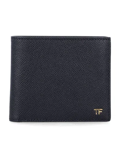 Tom Ford Black Grain Leather Bifold Wallet In Blue