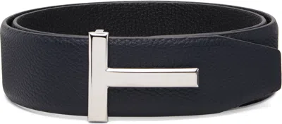 Tom Ford Black Grain Leather T Icon Belt In Blue