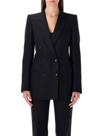 TOM FORD TOM FORD BLACK HARRINGBONE WOOL DOUBLE-BREASTED TAILORED JACKET