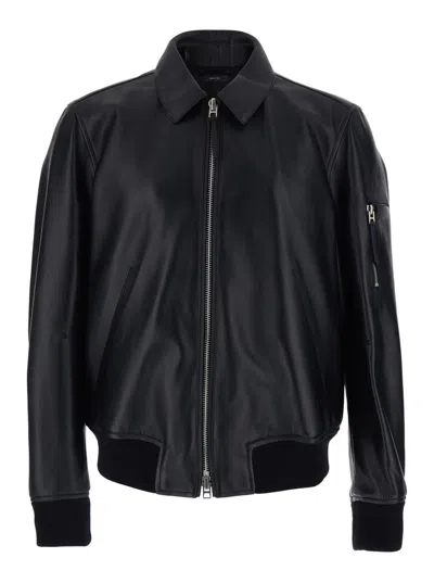 Tom Ford Black Jacket With Classic Collar And One Zip Pocket On The Sleeve In Leather Man