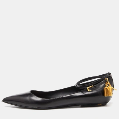 Pre-owned Tom Ford Black Leather Ankle Lock Ballet Flats Size 39.5