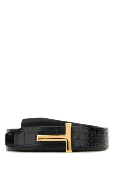 Tom Ford Embossed T-plaque Belt In Black
