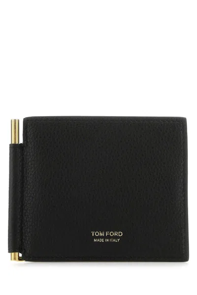 Tom Ford Black Leather Card Holder In Black Red