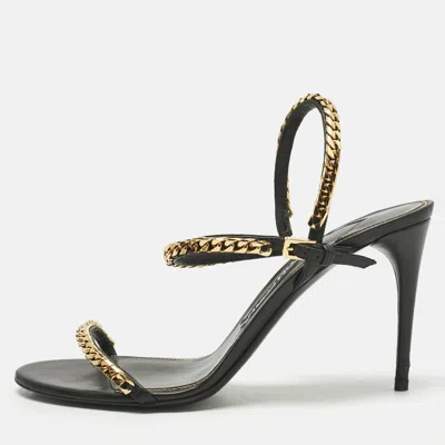 Pre-owned Tom Ford Black Leather Chain Embellish Ankle Strap Sandals Size 40