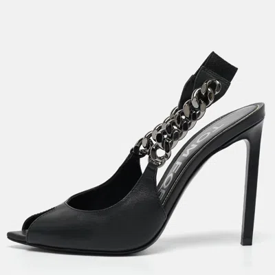 Pre-owned Tom Ford Black Leather Chain Linked Slingback Peep Toe Pumps Size 36.5