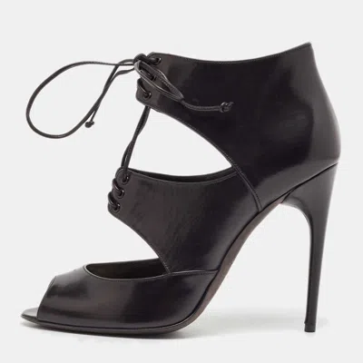 Pre-owned Tom Ford Black Leather Cut Out Peep Toe Ankle Booties Size 39.5