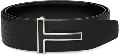 Tom Ford Black Leather Enamel Buckle T Reversible Belt