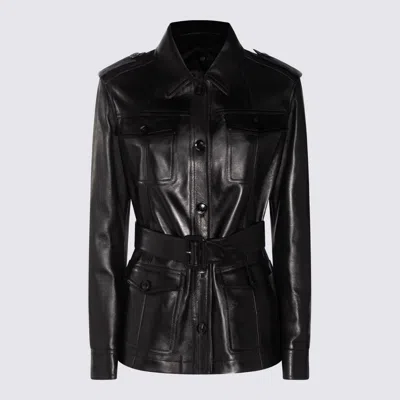Tom Ford Belted Button Down Leather Jacket In Black