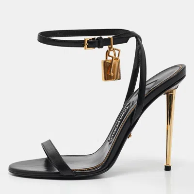 Pre-owned Tom Ford Black Leather Padlock Ankle Strap Sandals Size 37.5