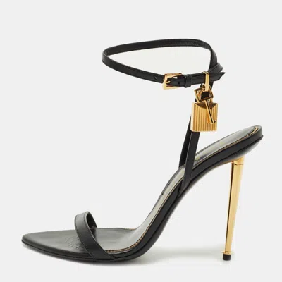 Pre-owned Tom Ford Black Leather Padlock Ankle Strap Sandals Size 37.5