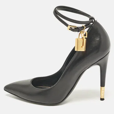 Pre-owned Tom Ford Black Leather Padlock Ankle Wrap Pumps Size 37