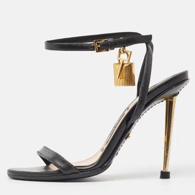 Pre-owned Tom Ford Black Leather Padlock Ankle Wrap Sandals Size 35