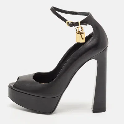 Pre-owned Tom Ford Black Leather Padlock Peep Toe Ankle Wrap Pumps Size 41