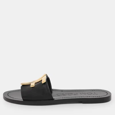 Pre-owned Tom Ford Black Leather Tf Slide Sandals Size 37