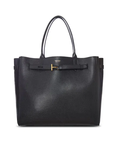 Tom Ford Black Leather Tote Bag With T Detail