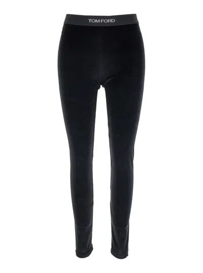 Tom Ford Black Stretch Velour Logo Leggings In Animal Print
