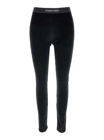 Tom Ford Black Stretch Velour Logo Leggings In Animal Print