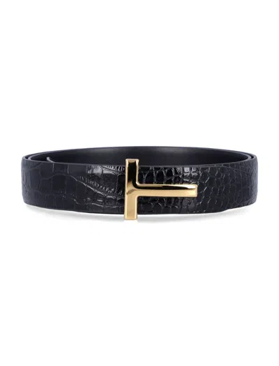 TOM FORD BLACK LOGO BUCKLE TEXTURED BELT