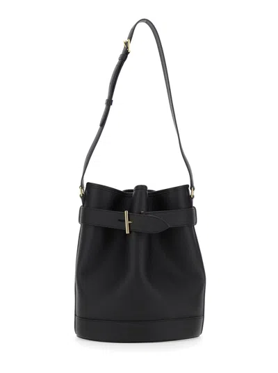 Tom Ford Black Medium Bucket Bag With Adjustable Shoulder Strap And Buckle Closure In Grained Leathe In Multicolor
