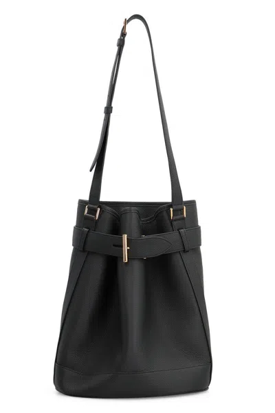 Tom Ford Black Medium Bucket Bag With Adjustable Shoulder Strap And Buckle Closure In Grained Leather Woman
