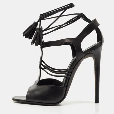 Pre-owned Tom Ford Black Paneled Leather Ankle Strap Sandals Size 37.5
