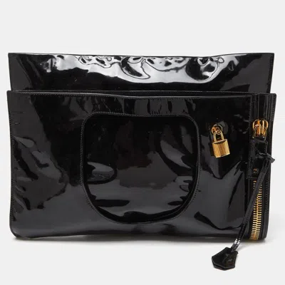 Pre-owned Tom Ford Black Patent Leather Alix Fold Over Oversize Clutch