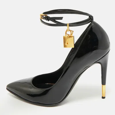 Pre-owned Tom Ford Black Patent Leather Padlock Ankle Wrap Pointed Toe Pumps Size 41