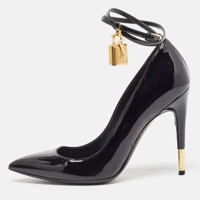 Pre-owned Tom Ford Black Patent Leather Padlock Ankle Wrap Pumps Size 38