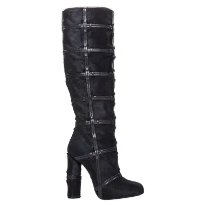 Pre-owned Tom Ford Black Ponyhair Leather Cage Trim Block Heeled Boots Eu36