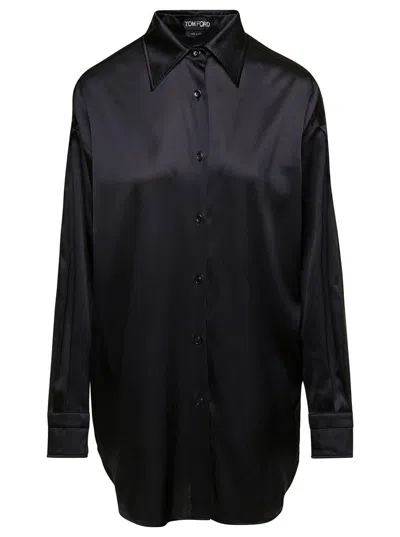 TOM FORD BLACK RELAXED SHIRT WITH POINTED COLLAR IN STRETCH SILK WOMAN