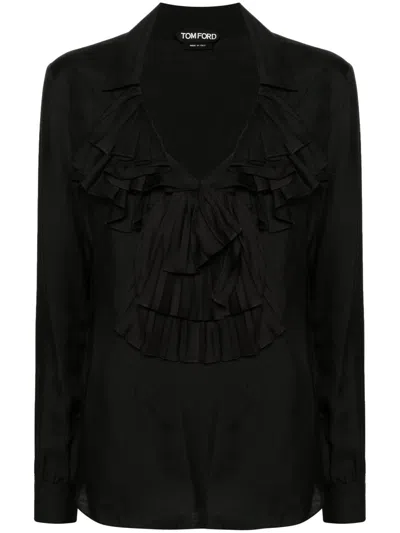 Tom Ford Ruffled V-neck Blouse - Women's - Silk/viscose In Black