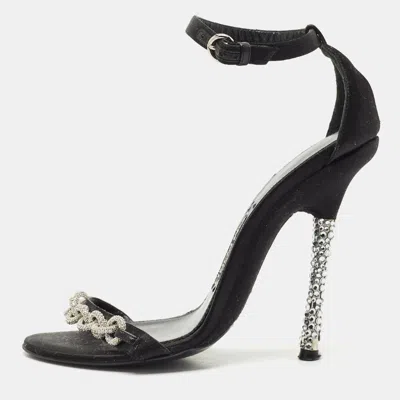 Pre-owned Tom Ford Black Satin Crystal Embellished Heel Ankle Strap Sandals Size 37